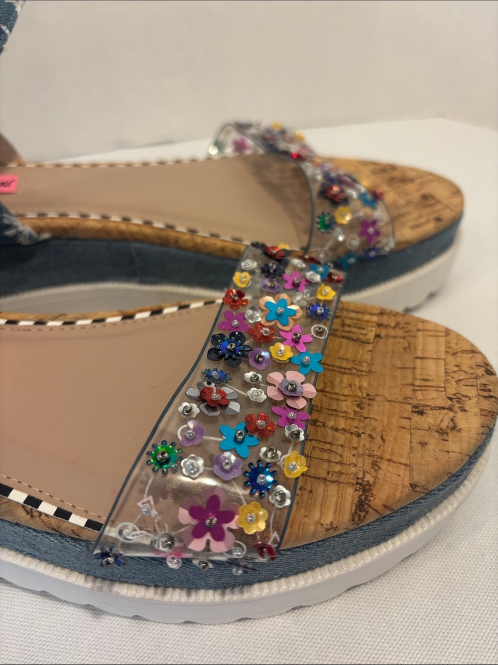 Betsey Johnson cork platform Denim Wedge Sandals with Floral Sequins straps. 9 - Picture 4 of 10